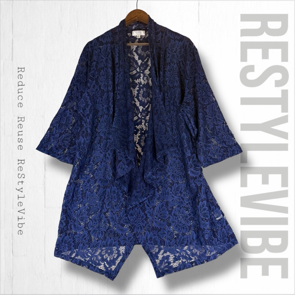 SHANNON FORD Women’s Size 2X Kimono Lace Cardigan Open Front Navy Blue